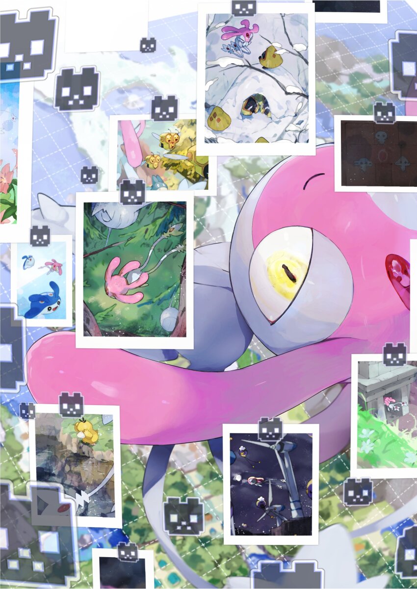 absurdres closed_mouth combee drifloon forehead_jewel game_freak gem gen_1_pokemon gen_3_pokemon gen_4_pokemon hashtag-only_commentary highres legendary_pokemon looking_at_viewer mantyke mesprit mimura_(nnnnnnnnmoo) nintendo no_humans photo_(object) pokemon pokemon_(creature) pokemon_focus psyduck red_gemstone silcoon smile snorunt yellow_eyes