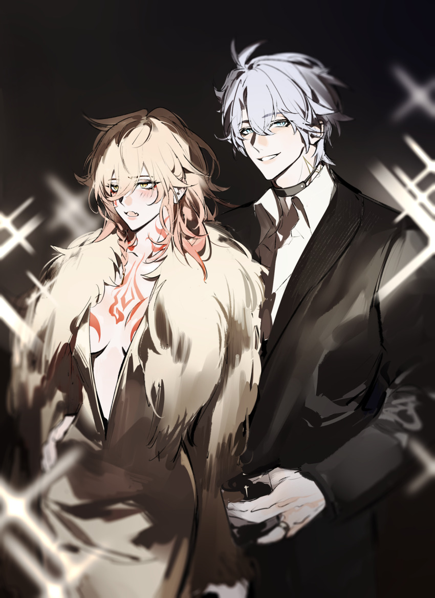 1boy 1girl antenna_hair arm_tattoo black_choker black_jacket blonde_hair blue_eyes blush braid breasts chest_tattoo chinese_commentary choker collared_shirt commentary_request cup dress fur_trim genderswap genderswap_(mtf) gradient_hair hair_between_eyes hand_on_another&#039;s_waist highres holding holding_cup honkai:_star_rail honkai_(series) jacket looking_at_viewer medium_breasts medium_hair multicolored_hair mydei_(honkai:_star_rail) open_mouth phainon_(honkai:_star_rail) qinnye red_hair red_tattoo shirt short_hair side_braid suit_jacket sun_symbol sun_tattoo tan tattoo white_dress white_hair white_shirt yellow_eyes