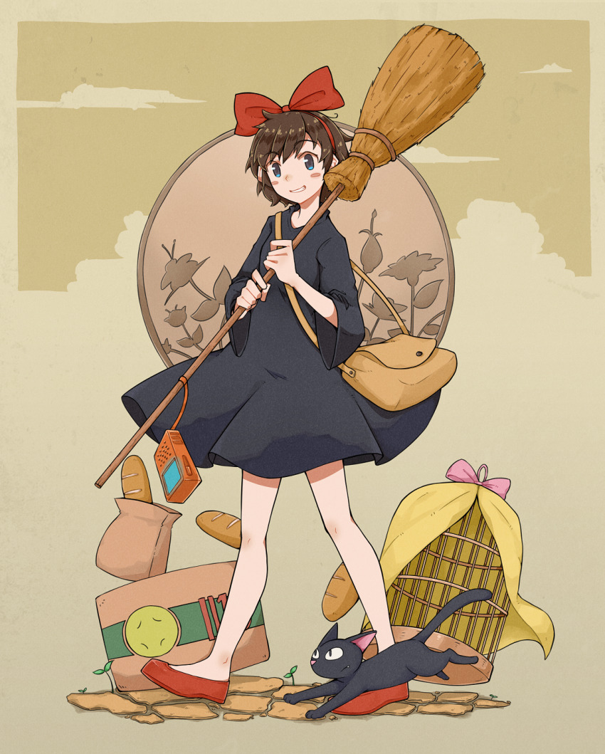 1girl bag baguette birdcage black_cat black_dress blue_eyes bow bread broom brown_background brown_hair cage cat commentary_request dress food full_body hair_bow highres holding holding_broom jiji_(majo_no_takkyuubin) kiki_(majo_no_takkyuubin) kokuya_(kokuya28) looking_at_viewer majo_no_takkyuubin paper_bag red_bow red_shoes shoes short_hair shoulder_bag smile solo standing walkie-talkie