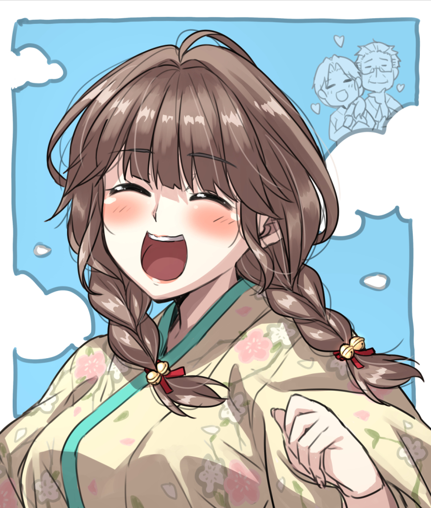 1boy 2girls :d ^_^ aged_up ahoge bell blue_sky blush braid brown_hair chibi chibi_inset closed_eyes cloud cloudy_sky floral_print hair_bell hair_ornament hair_ribbon highres ichikura_madoka ichikura_sen ichikura_touri izumi_ico medium_hair multiple_girls nie_no_hakoniwa open_mouth portrait red_ribbon ribbon sketch_inset sky smile twin_braids