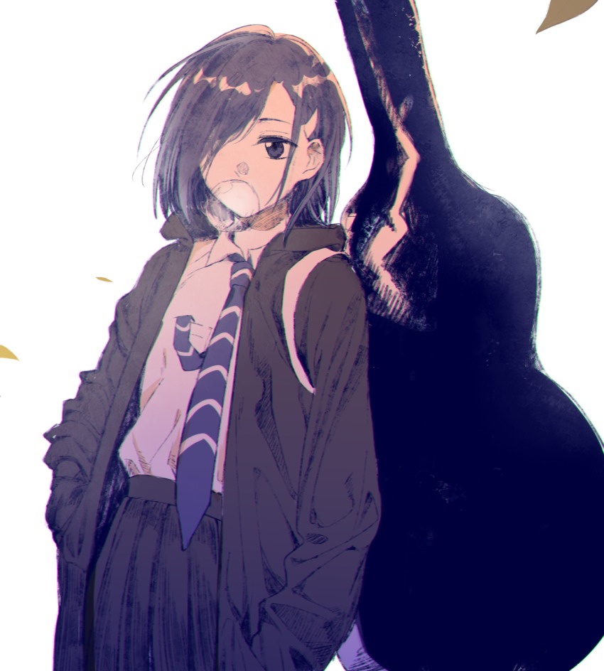 10s 1girl bad_id bad_pixiv_id black_eyes blowing_bubble_gum blowing_bubbles blue_necktie brown_hair chewing_gum collared_shirt commentary_request darling_in_the_franxx female_focus grey_jacket grey_skirt hair_over_one_eye hands_in_pockets highres hood hood_down hooded_jacket ichigo_(darling_in_the_franxx) instrument_case jacket necktie open_clothes open_jacket pleated_skirt shirt simple_background skirt solo striped_necktie striped_neckwear white_background white_shirt zgxuke