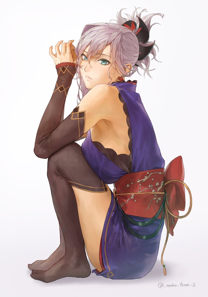 1girl asymmetrical_hair blue_eyes blue_kimono breasts detached_sleeves earrings fate/grand_order fate_(series) full_body hair_ornament highres japanese_clothes jewelry kimono knees_to_chest large_breasts leaf_earrings looking_at_viewer miyamoto_musashi_(fate) miyamoto_musashi_(first_ascension)_(fate) obi pink_hair ponytail sash short_kimono sitting sleeveless sleeveless_kimono socks solo sweatdrop thighhighs tonko_from