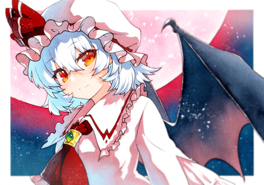1girl ascot bat_wings blue_hair closed_mouth hat hat_ribbon highres long_sleeves looking_at_viewer mob_cap moon pink_hat red_ascot red_eyes red_moon red_ribbon remilia_scarlet ribbon rinka_(qqqrinkappp) short_hair smile solo touhou traditional_media upper_body wings