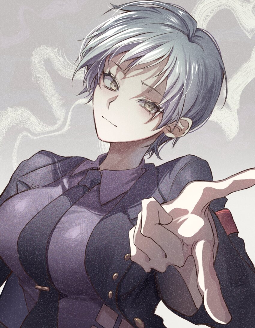 black_coat black_necktie breasts coat highres large_breasts looking_at_viewer mature_female necktie pointing pointing_at_viewer purple_shirt shirt short_hair soresono88 umineko_no_naku_koro_ni ushiromiya_kyrie white_eyes white_hair