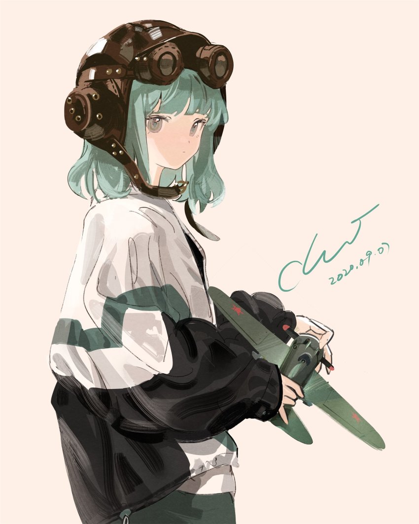 1girl aircraft airplane brown_background brown_eyes brown_hat closed_mouth dated eyelashes goggles goggles_on_head green_hair hat highres holding holding_toy long_eyelashes looking_at_viewer medium_hair original signature simple_background solo toy toy_airplane xiao_chichi
