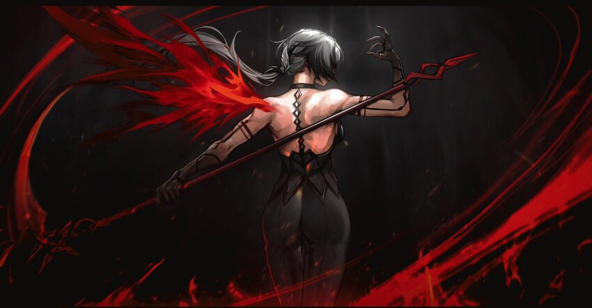1girl arlecchino_(genshin_impact) back bare_shoulders deka_yo energy_wings fingernails from_behind genshin_impact gradient_hair highres holding holding_scythe holding_weapon low_ponytail multicolored_hair ponytail scythe sharp_fingernails single_wing solo standing streaked_hair toned toned_female weapon white_hair wings