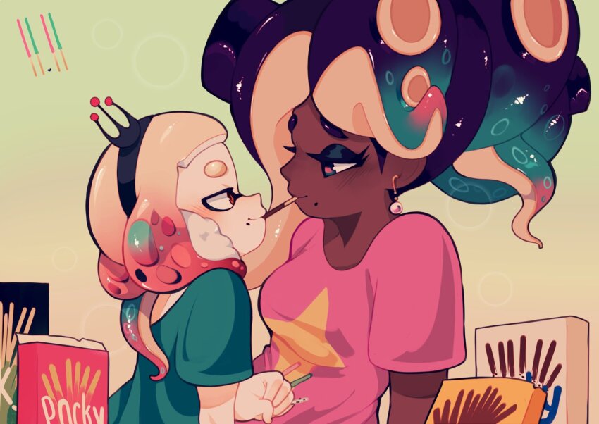 2girls brown_eyes clem_(calmeremerald) commentary dark-skinned_female dark_skin earrings english_commentary eye_contact food food_in_mouth green_eyes hairband inkling interracial jewelry looking_at_another marina_(splatoon) mole mole_under_mouth multiple_girls nintendo octoling pearl_(splatoon) pocky pocky_day pocky_in_mouth pocky_kiss shared_food shirt simple_background splatoon_(series) splatoon_2 t-shirt tentacle_hair yuri