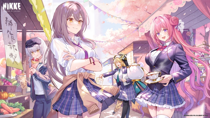 4girls absurdres ahoge alternate_costume asymmetrical_hair balloon bell_pepper black_jacket black_pantyhose black_veil blazer blonde_hair blue_pants blue_skirt blush bow bowtie braid braided_ponytail breasts bubble_tea cake carrot cherry_blossoms closed_eyes closed_mouth clothes_around_waist collared_shirt commentary_request cowboy_shot crepe crossed_arms crown_braid cup dappled_sunlight day dog_tags dorothy_(nikke) dress_shirt drink drinking_straw eating falling_petals festival flyer food frilled_skirt frills fruit goddess_(nikke) goddess_of_victory:_nikke gradient_hair green_necktie grey_hair hair_bun hair_intakes hair_ribbon highres holding holding_crepe holding_drink holding_food holding_paper holding_plate holding_teapot hood hooded_jacket jacket jacket_around_waist large_breasts lino_chang logo long_hair long_sleeves looking_at_viewer medium_breasts miniskirt multicolored_hair multiple_girls necktie official_art open_clothes open_jacket open_mouth orange_eyes outdoors pants pantyhose paper petals pink_hair plaid_clothes plaid_skirt plate pleated_skirt pumpkin purple_eyes purple_hair purple_necktie purple_ribbon rapunzel_(nikke) red_bow red_bowtie ribbon scarlet_(nikke) school_uniform see-through_clothes shirt single_side_bun skirt sleeves_rolled_up smile snow_white_(nikke) standing strawberry string_of_flags sunlight sweat sweatpants teacup teapot thighhighs tiered_tray tomato two-tone_hair veil very_long_hair visor_(armor) watermark wavy_hair wet wet_clothes wet_shirt whipped_cream white_shirt white_thighhighs wing_collar wristband yellow_eyes zettai_ryouiki