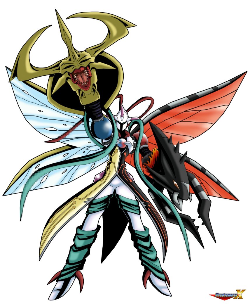 chaosmon corruption digimon digimon_(creature) electricity fusion grankuwagamon heraklekabuterimon highres oridigi original solo spikes