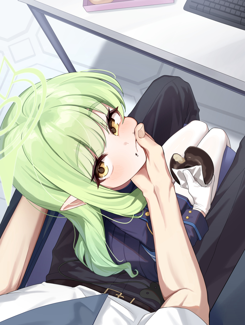 1boy 1girl blue_archive closed_mouth commentary donut food food_on_face gloves green_hair green_halo halo highres hikari_(blue_archive) holding holding_donut holding_food indoors loli long_hair looking_at_viewer necktie onakkasuita pantyhose pointy_ears sensei_(blue_archive) sitting sitting_on_lap sitting_on_person white_gloves white_pantyhose yellow_eyes