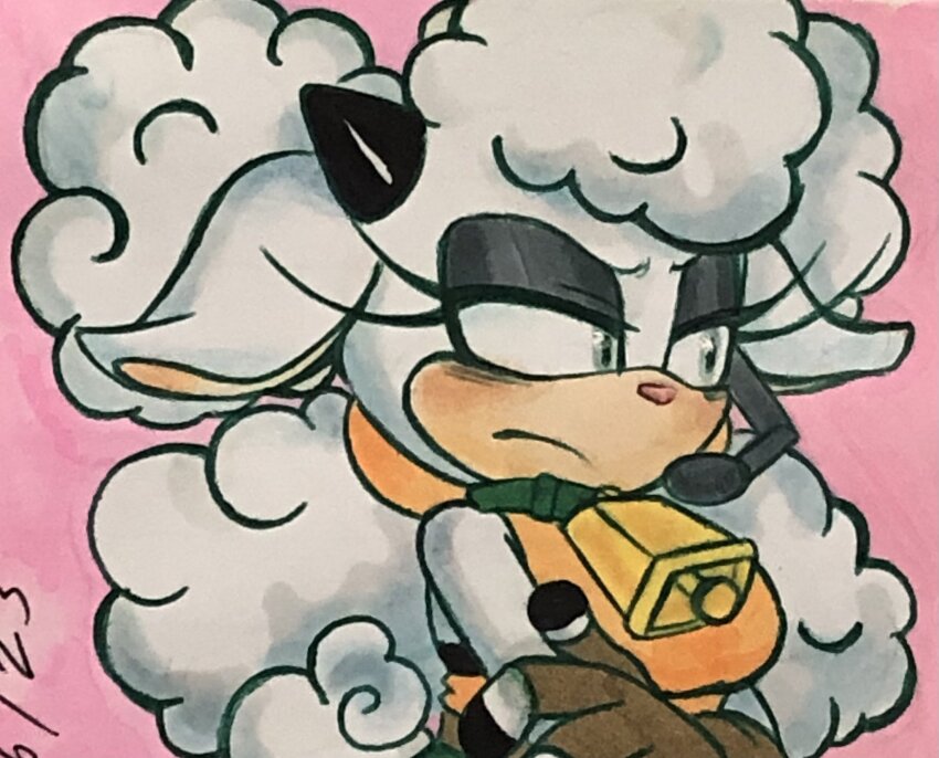 1girl annoyed bell cowbell crossed_arms eyelashes fingerless_gloves floppy_ears fluffy gloves highres kuinvoomboo lanolin_the_sheep sheep simple_background sonic_(series) sonic_the_hedgehog_(idw)