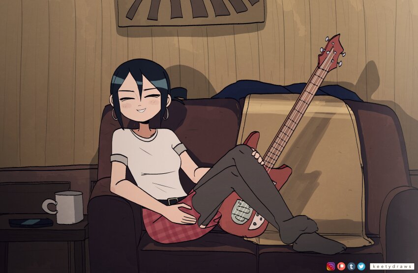 1girl ^_^ absurdres artist_name belt belt_buckle black_belt black_hair black_thighhighs blanket blush breasts buckle cellphone closed_eyes closed_mouth coffee_mug commentary couch crossed_legs cup earrings electric_bass_guitar full_body grin hair_behind_ear hair_between_eyes hands_on_own_legs highres hoop_earrings instagram_logo jewelry keetydraws knives_chau leaning_back light_blush lounging mug no_shoes on_couch parted_lips patreon_logo phone plaid_clothes plaid_skirt ponytail red_skirt scott_pilgrim_(series) shadow shirt short_ponytail sidelocks sitting skirt small_breasts smartphone smile solo t-shirt table thighhighs tumblr_logo twitter_logo wainscoting white_shirt wooden_wall
