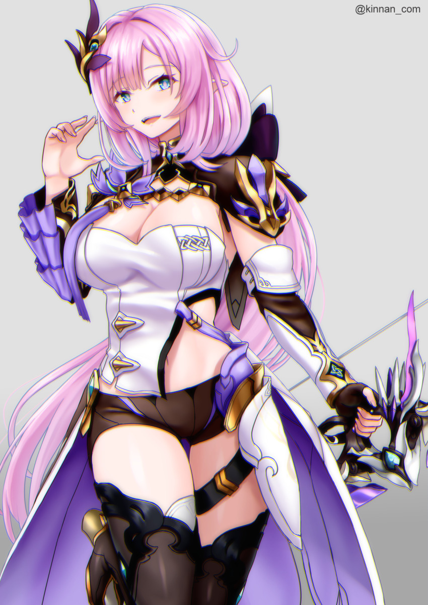 1girl :d black_shorts black_thighhighs blue_eyes bow_(weapon) breasts cleavage elysia_(honkai_impact) elysia_(miss_pink_elf)_(honkai_impact) grey_background hair_ornament hand_up highres holding holding_bow_(weapon) holding_weapon honkai_(series) honkai_impact_3rd kinnan large_breasts long_hair looking_at_viewer midriff open_mouth pink_hair pointy_ears shirt short_shorts shorts shrug_(clothing) simple_background smile solo strapless strapless_shirt thighhighs thighs very_long_hair weapon white_shirt