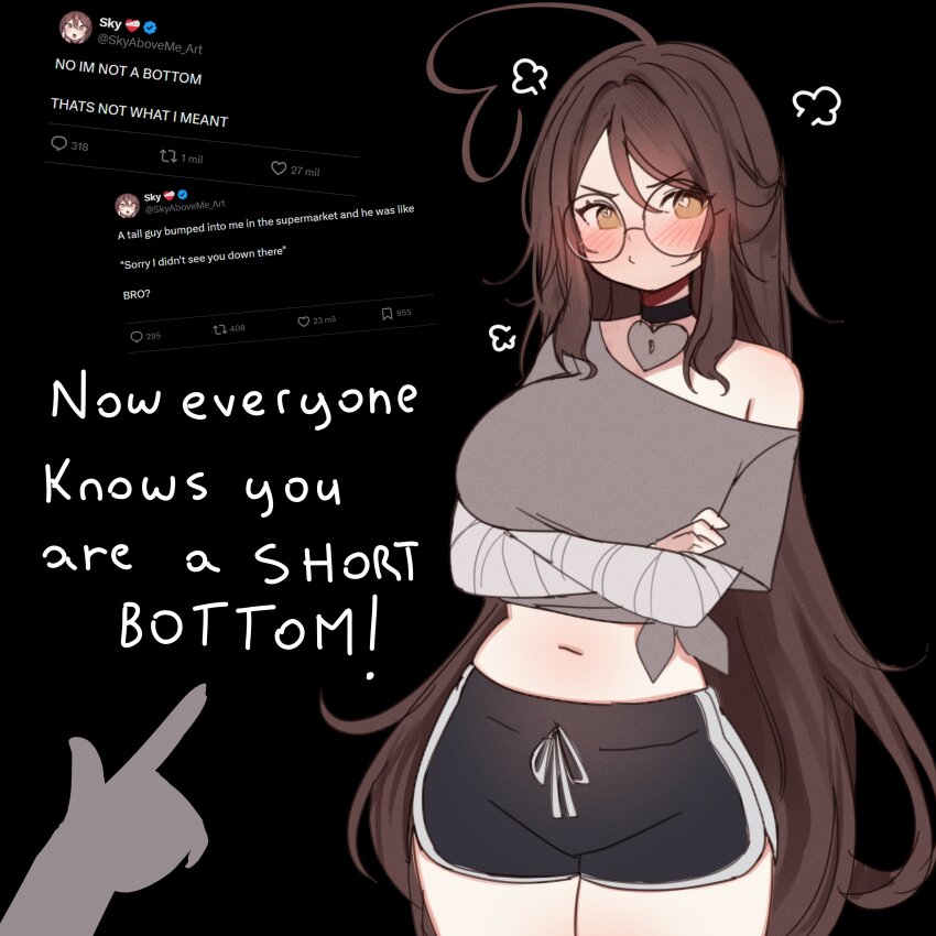 absurdres ahoge annoyed bandaged_arm bandages black_background black_choker black_shorts blush breasts brown_eyes brown_hair choker commentary crossed_arms english_commentary grey_shirt heart heart-shaped_lock heart_ahoge heart_choker highres huge_ahoge huge_breasts indie_virtual_youtuber long_hair midriff navel pointing pointing_at_another round_eyewear shirt shorts single_bare_shoulder sky_above_me sky_above_me_(vtuber) tweet twitter_screenshot virtual_youtuber