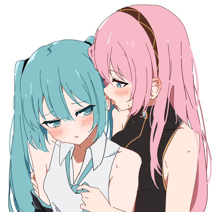 2girls black_hairband black_shirt blue_eyes blue_hair blue_necktie blush collared_shirt commentary_request ear_blush ear_licking giryu hairband hatsune_miku highres licking looking_at_another megurine_luka multiple_girls necktie parted_lips pink_hair shirt simple_background sweat tongue tongue_out twintails undone_necktie vocaloid white_background white_shirt yuri