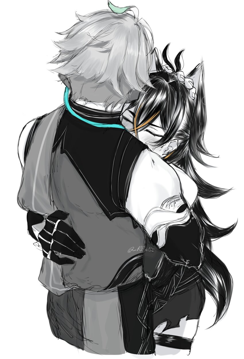 1boy 1girl 4reiji absurdres ahoge alhaitham_(genshin_impact) bare_shoulders black_gloves black_hair black_shirt blonde_hair blonde_streaks blush closed_eyes couple cowboy_shot crossed_bangs dehya_(genshin_impact) elbow_gloves genshin_impact gloves gradient_hair green_hair grey_hair hair_between_eyes hair_ears head_hug hetero highres long_hair multicolored_hair pants shirt short_hair simple_background skindentation spot_color thigh_strap torn_clothes torn_pants twitter_username very_long_hair white_background