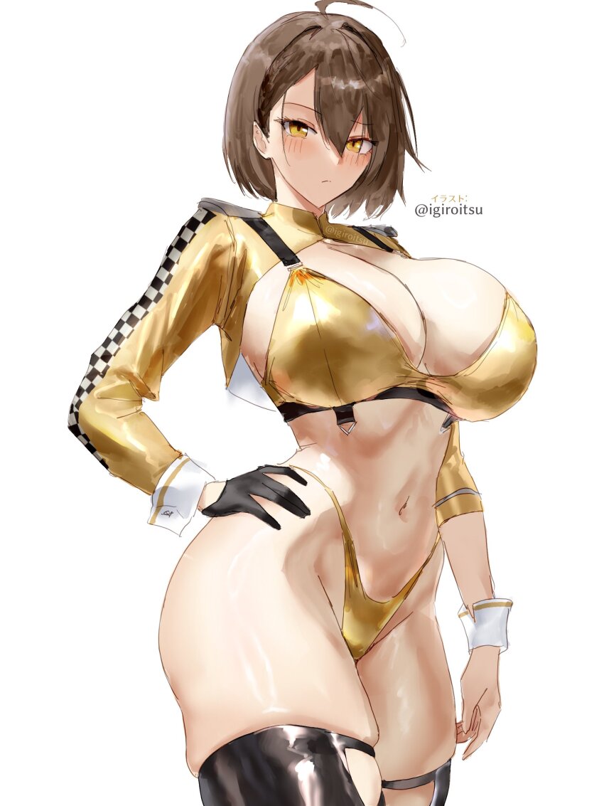 1girl absurdres ahoge alternate_costume azur_lane baltimore_(azur_lane) baltimore_(finish_line_flagbearer)_(azur_lane) bikini black_gloves black_thighhighs blush breasts brown_hair cleavage closed_mouth commentary_request cropped_jacket gloves hair_behind_ear hand_on_own_hip highleg highleg_bikini highres huge_breasts igiroitsu jacket looking_at_viewer navel race_queen short_hair simple_background skindentation solo swimsuit thighhighs twitter_username white_background wrist_cuffs yellow_eyes yellow_jacket