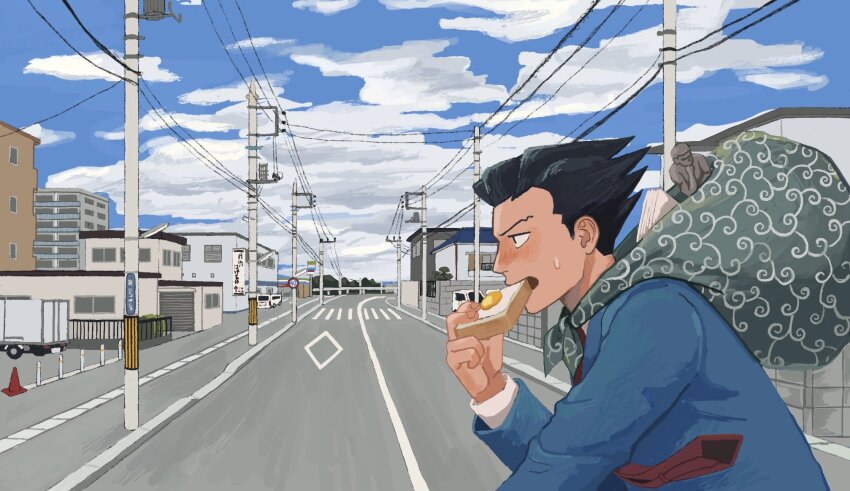 1boy 23011620x ace_attorney bag black_hair blue_jacket blue_sky bread_slice building cloud collared_shirt crosswalk day eating food food_in_mouth fried_egg from_side highres holding holding_food jacket karakusa_(pattern) long_sleeves male_focus mouth_hold necktie outdoors phoenix_wright power_lines red_necktie road shirt short_hair sky solo spiked_hair sweatdrop toast toast_in_mouth upper_body utility_pole white_shirt