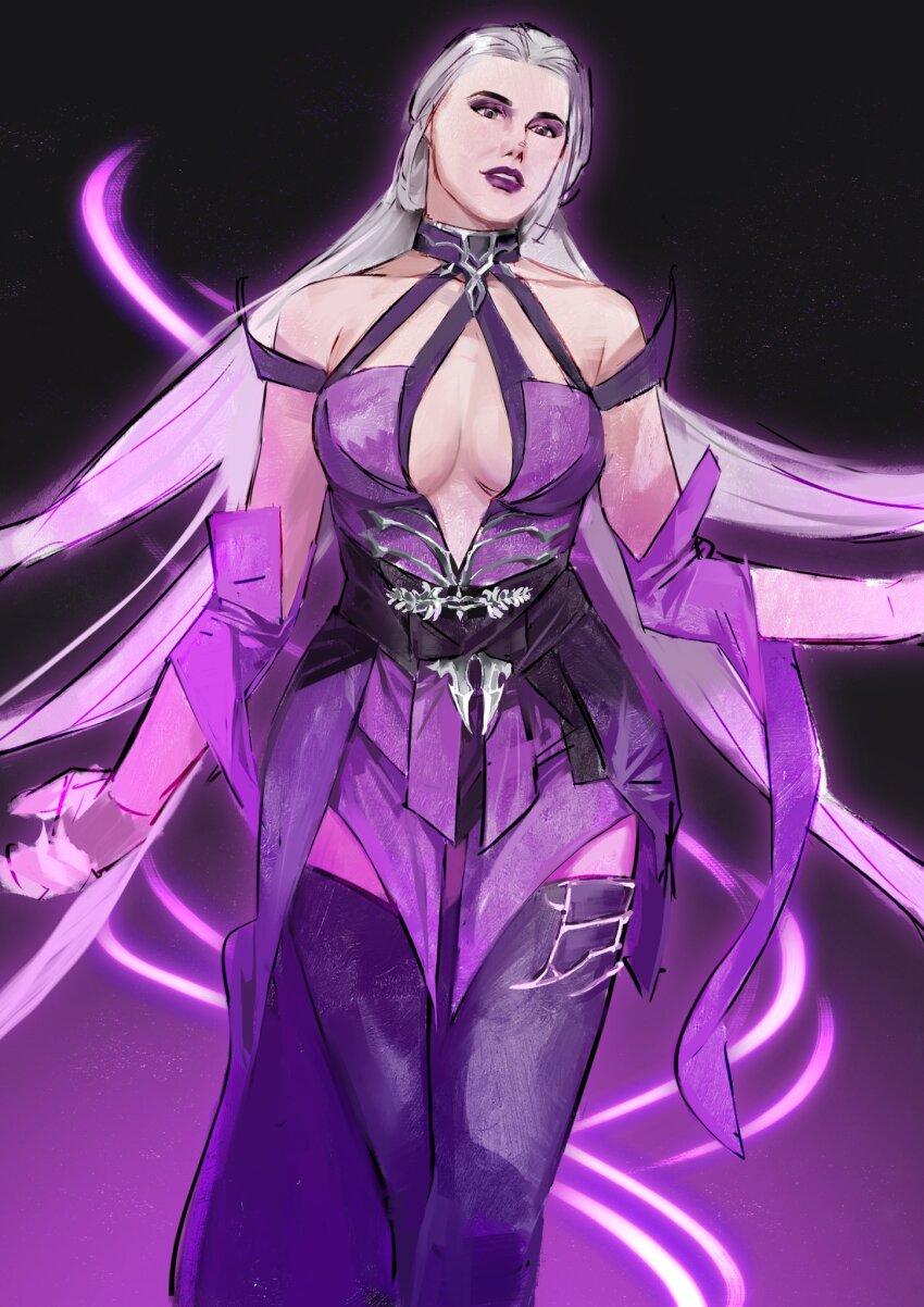 1girl black_boots boots breasts center_opening chippin7 cleavage dress floating_hair highres long_hair mortal_kombat_(series) mortal_kombat_11 purple_dress purple_lips sindel solo thigh_boots very_long_hair