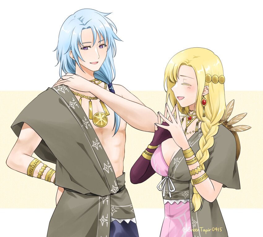 1boy 1girl :d alternate_costume blonde_hair bracelet braid breasts cleavage closed_eyes couple earrings fingerless_gloves fire_emblem fire_emblem:_the_blazing_blade fire_emblem_heroes gloves grey_hair hair_ornament highres husband_and_wife jewelry large_breasts long_hair louise_(fire_emblem) louise_(sworn_protector)_(fire_emblem) midori_no_baku necklace nintendo official_alternate_costume open_mouth own_hands_together pent_(fire_emblem) purple_eyes purple_gloves short_hair simple_background single_fingerless_glove single_glove smile twitter_username