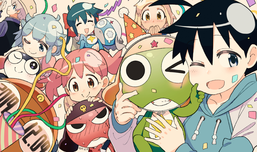 &gt;_o 2019 2boys 3girls angol_mois azumaya_koyuki black_hair blonde_hair blue_hair confetti dated dororo_(keroro_gunsou) giroro hat highres hinata_fuyuki hinata_natsumi holding holding_party_popper houjou_mutsumi keroro keroro_gunsou kururu_(keroro_gunsou) multiple_boys multiple_girls nishizawa_momoka one_eye_closed party_hat party_popper pink_hair streamers tamama yukkeroro