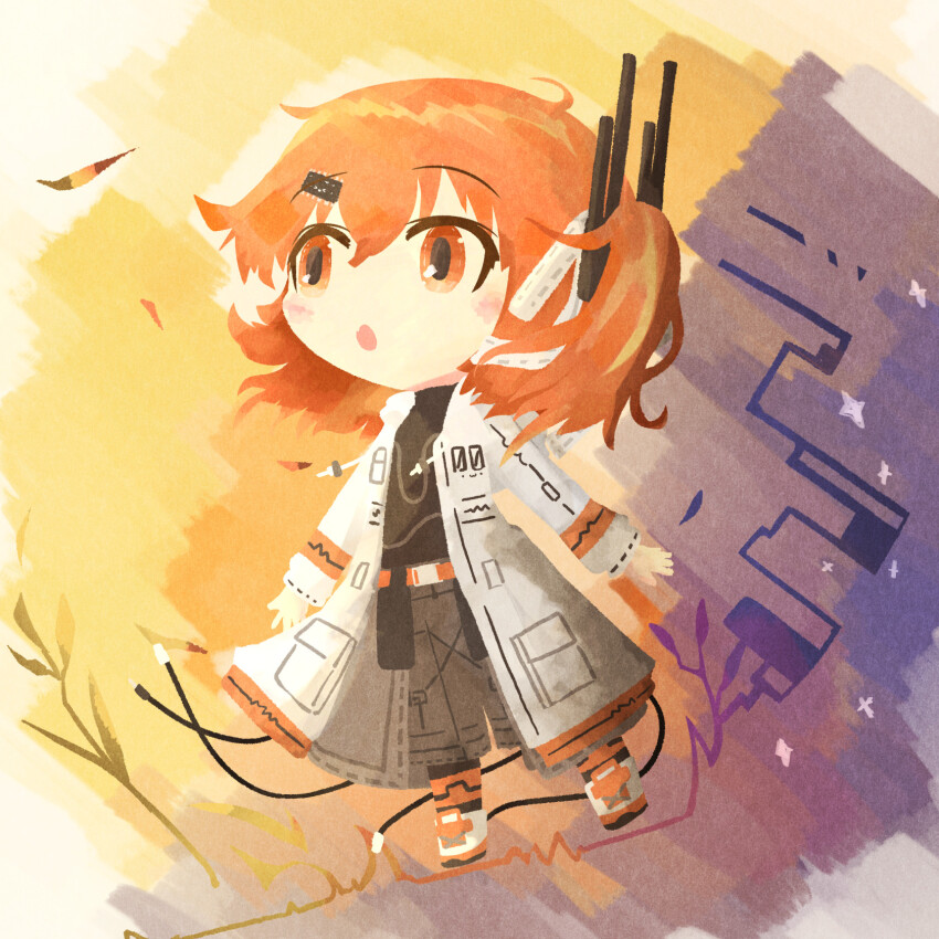 1girl :o a.i._voice abstract_background adachi_rei akihiyo belt belt_pouch black_leggings black_shirt branch cable chibi coat commentary_request computer_chip floating_hair grey_pants hair_ornament hair_ribbon hairclip headgear highres leggings light_blush long_sleeves looking_to_the_side looking_up medium_hair no_gloves one_side_up open_clothes open_coat open_mouth orange_belt orange_eyes orange_hair pants pouch radio_antenna raised_eyebrows ribbon shirt shirt_tucked_in shoes sneakers sound_wave turtleneck utau white_coat white_ribbon