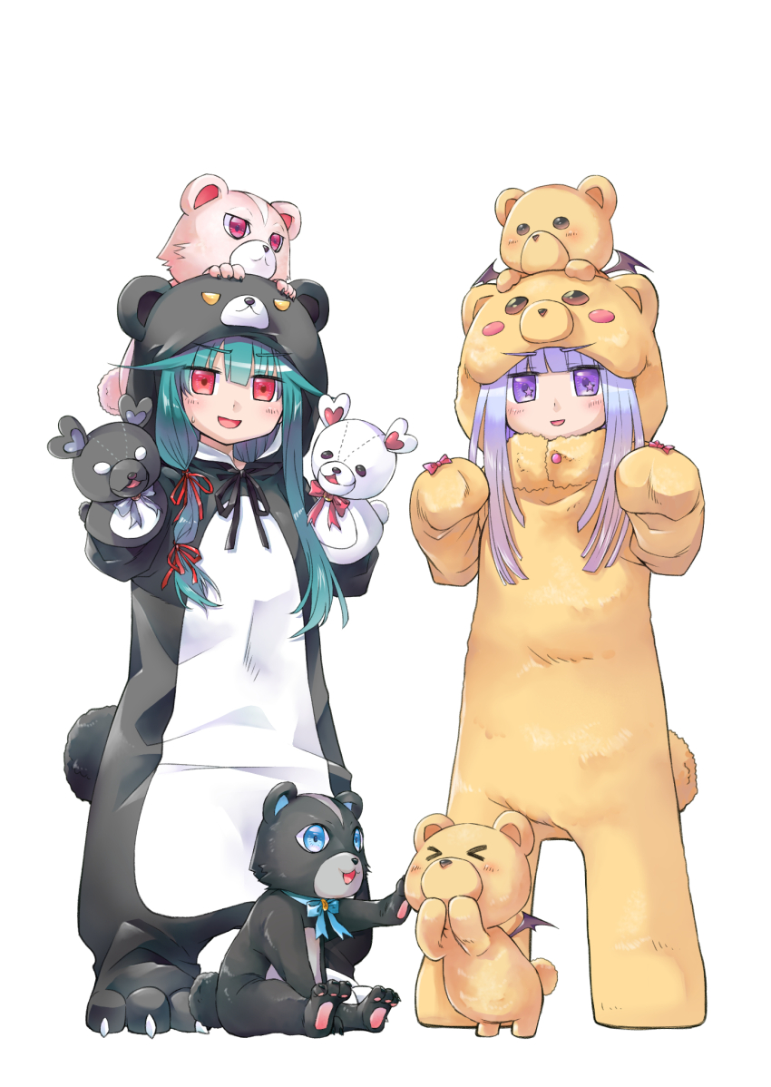 &gt;_&lt; 2girls animal animal_costume animal_hood animal_on_head aurora_sya_lis_kaymin bear bear_costume bear_hood blunt_bangs blush_stickers commentary_request crossover demon_wings green_hair hand_puppet highres hood keke_(user_zech7732) kuma_kuma_kuma_bear kumakyuu_(kuma_kuma_kuma_bear) kumayuru_(kuma_kuma_kuma_bear) low-tied_sidelocks maou-jou_de_oyasumi multiple_girls on_head puppet purple_eyes purple_hair red_eyes sidelocks simple_background teddy_demon trait_connection white_background wings yuna_(kuma_kuma_kuma_bear)