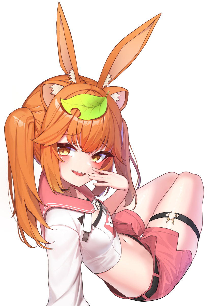 1girl absurdres animal_ear_fluff animal_ears black_panties blush bow bow_panties brown_eyes commission crop_top from_behind hand_up highres indie_virtual_youtuber iznal leaf leaf_on_head looking_at_viewer looking_back navel open_clothes open_fly open_mouth open_shorts orange_hair panties pink_shorts shirt short_shorts shorts simple_background smile solo twintails underwear virtual_youtuber weaselrabbit white_background white_shirt