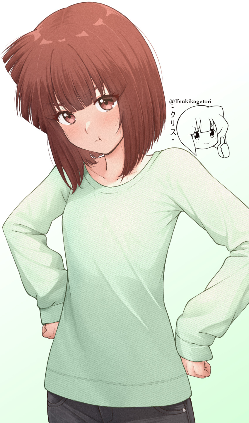 1girl :t aizawa_eiko blush brown_eyes brown_hair collarbone gradient_background green_background green_shirt hands_on_own_hips highres kurumimi_birb long_sleeves looking_at_viewer shinryaku!_ikamusume shirt short_hair solo