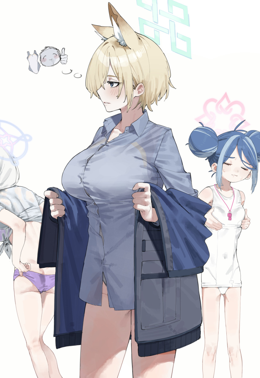 3girls absurdres adjusting_clothes alternate_hair_length alternate_hairstyle animal_ear_fluff animal_ears bikini blonde_hair blue_archive blue_eyes blue_hair blue_jacket breast_envy breasts closed_mouth commentary covered_navel dog_ears dog_girl doodle_sensei_(blue_archive) double_bun english_commentary fubuki_(blue_archive) fubuki_(swimsuit)_(blue_archive) grabbing_own_breast grey_shirt hair_bun halo highres jacket kanna_(blue_archive) kanna_(swimsuit)_(blue_archive) kirino_(blue_archive) kirino_(swimsuit)_(blue_archive) large_breasts lonklink looking_afar multicolored_hair multiple_girls no_pants official_alternate_costume one-piece_swimsuit open_clothes open_jacket paid_reward_available pink_halo purple_bikini purple_halo sensei_(blue_archive) shirt short_hair small_breasts standing streaked_hair swimsuit swimsuit_under_clothes thighs tied_shirt undressing whistle whistle_around_neck white_hair white_one-piece_swimsuit white_shirt
