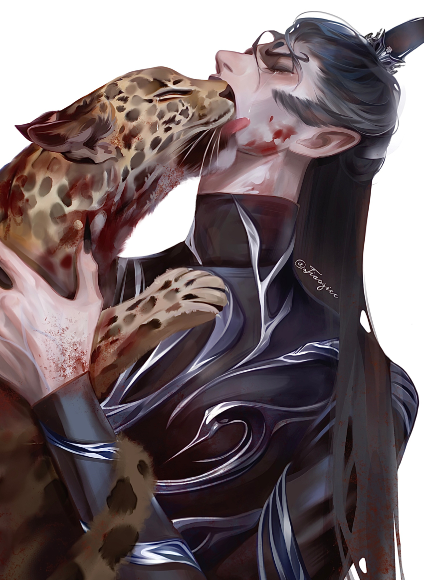 1boy absurdres animal artist_name black_bodysuit black_hair black_nails blood blood_on_face blood_on_hands bodysuit brothers chinese_commentary closed_eyes crying fingernails highres holding holding_animal jiaozicc leopard licking licking_another&#039;s_face licking_tears long_sleeves nezha_zhi_motong_jiangshi pointy_ears sharp_fingernails shen_gongbao_(nezha_zhi_motong_jiangshi) shen_xiaobao siblings simple_background streaming_tears tail_around_arm tears topknot upper_body white_background white_hair xiao_guan_(headdress)