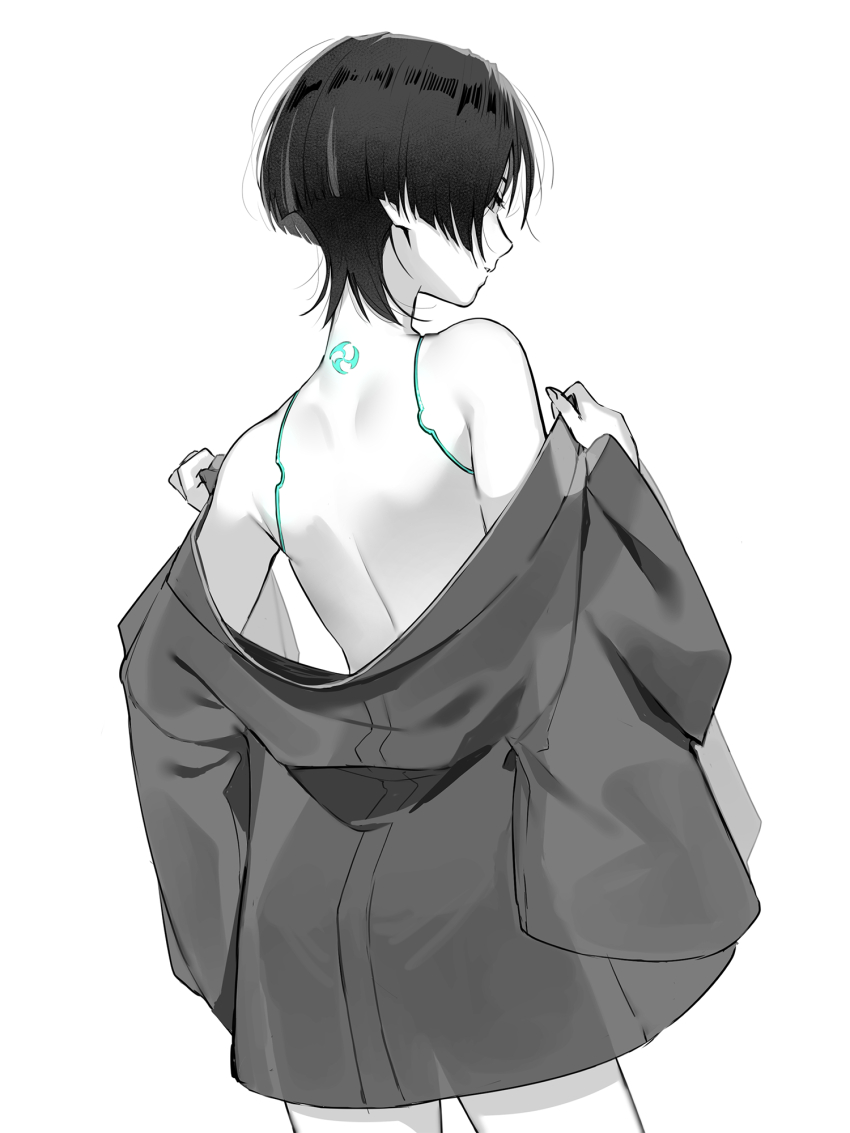 1boy alternate_costume bishounen buku2_suisou cardigan_partially_removed contrapposto covered_eyes cowboy_shot from_behind genshin_impact glowing_markings greyscale half-closed_eyes hands_up highres holding holding_unworn_clothes looking_back male_focus markings monochrome nape no_headwear off_shoulder parted_lips scaramouche_(genshin_impact) see-through_cardigan short_hair simple_background skinny solo spine spot_color standing topless_male two-handed wanderer_(genshin_impact) white_background wolf_cut