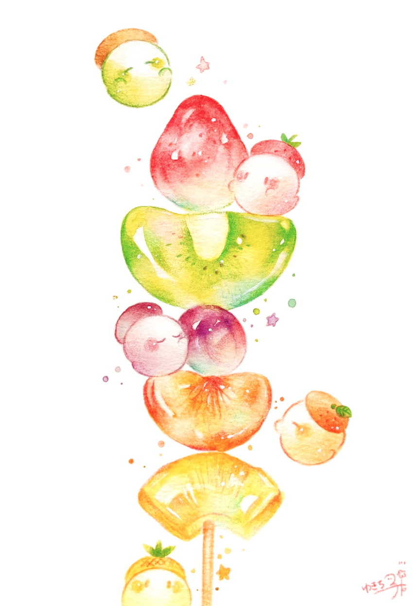 absurdres food food_focus fruit ghost highres kiwi_(fruit) kiwi_slice mandarin_orange_slice no_humans original pineapple pineapple_slice strawberry white_background yukichi_0611