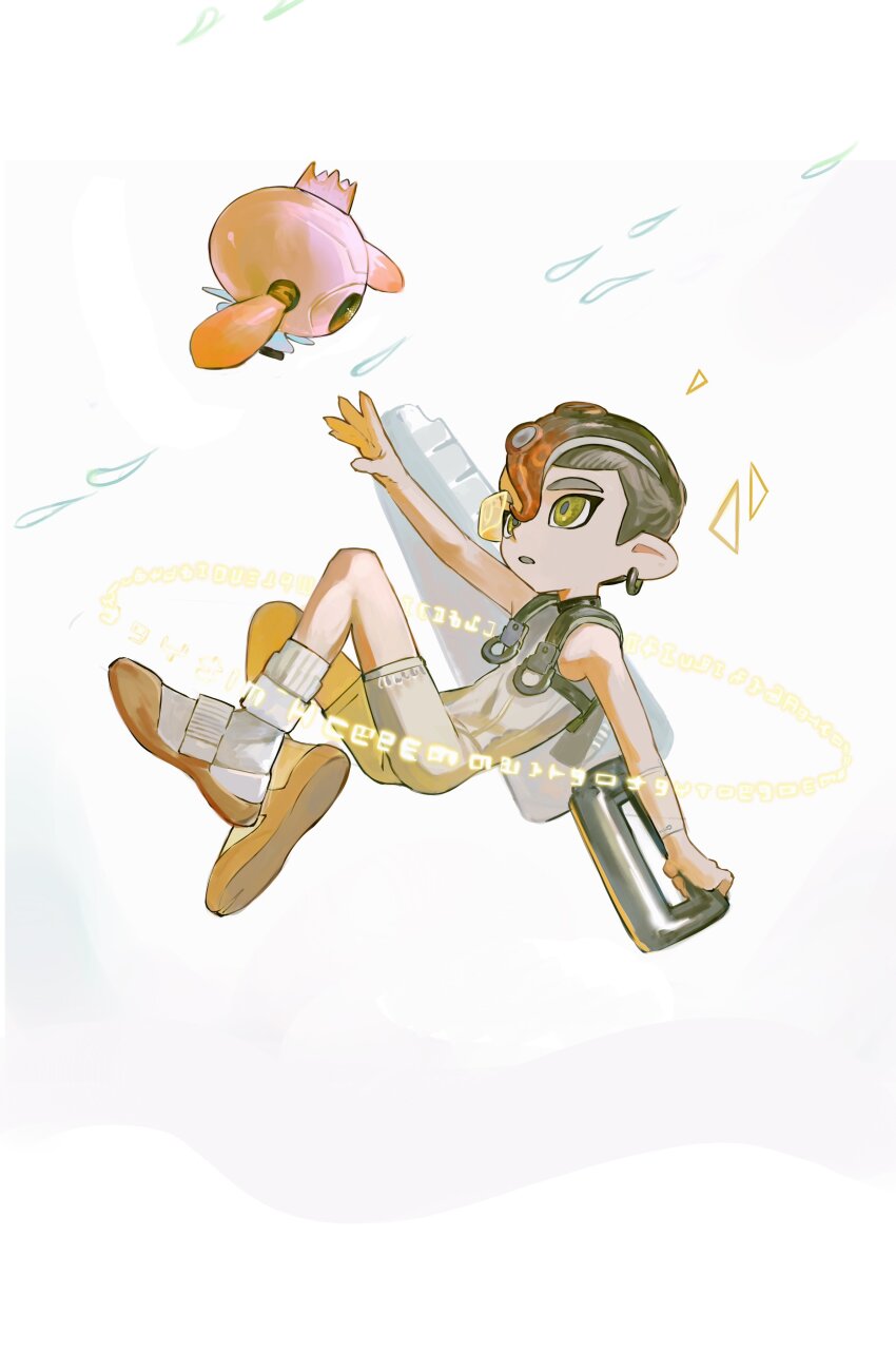 1boy absurdres agent_8_(splatoon) bodysuit boots brown_hair commentary crown drone earrings gradient_hair highres holding holding_sword holding_weapon jewelry male_focus mohawk multicolored_hair nintendo non-humanoid_robot octoling octoling_boy octoling_player_character open_mouth pearl_(splatoon) pearl_drone_(splatoon) red_hair robot short_hair simple_background sleeveless sleeveless_bodysuit socks splatana_stamper_(splatoon) splatoon_(series) splatoon_3 splatoon_3:_side_order sword symbol-only_commentary tentacle_hair thick_eyebrows two-tone_hair weapon white_background white_bodysuit white_footwear white_socks yellow_eyes yomotobi