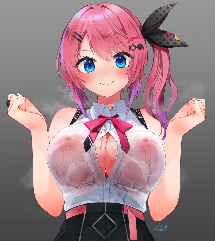 1girl bare_shoulders black_ribbon black_skirt blue_eyes blush bow breasts button_gap center_frills closed_mouth collared_shirt commentary covered_erect_nipples festa11307070 frills gradient_hair grey_background hair_between_eyes hair_bow hair_ornament hair_ribbon hairclip hands_up high-waist_skirt highres jewelry kuramochi_meruto kuramochi_meruto_(1st_costume) large_breasts long_hair looking_at_viewer messy_hair multicolored_hair neck_ribbon nijisanji nipples no_bra pink_bow pink_hair pink_ribbon polka_dot polka_dot_ribbon ribbon ring see-through_clothes shiny_skin shirt side_ponytail signature skirt sleeveless sleeveless_shirt smile solo steaming_body sweat sweaty_clothes virtual_youtuber wet wet_clothes white_shirt