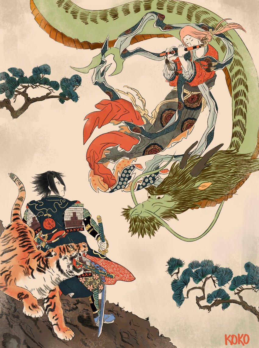 1boy 1girl animal armor artist_name black_hair commentary couple dragon eastern_dragon english_commentary fine_art_parody flute flying haruno_sakura highres holding holding_flute holding_instrument holding_sword holding_weapon instrument japanese_armor kokodrawings music naruto naruto_(series) nihonga parody pink_hair playing_instrument standing style_parody sword tiger tree uchiha_sasuke ukiyo-e weapon