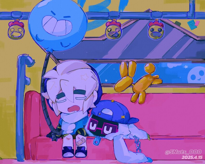 2boys 5nuts_000 animal_balloon balloon bandaged_leg bandages blue_background blue_suit brawl_stars brown_background character_request closed_eyes drooling formal_clothes ghost grey_background gus_(brawl_stars) highres holding holding_balloon jacket lying mouth_drool multiple_boys night night_sky on_stomach open_mouth purple_shoes red_background saliva shade_(brawl_stars) shoes sitting sky sleeping sleeping_on_person sleeping_together star_(sky) starry_sky subway suit sunglasses train train_interior twitter_username window yellow_background