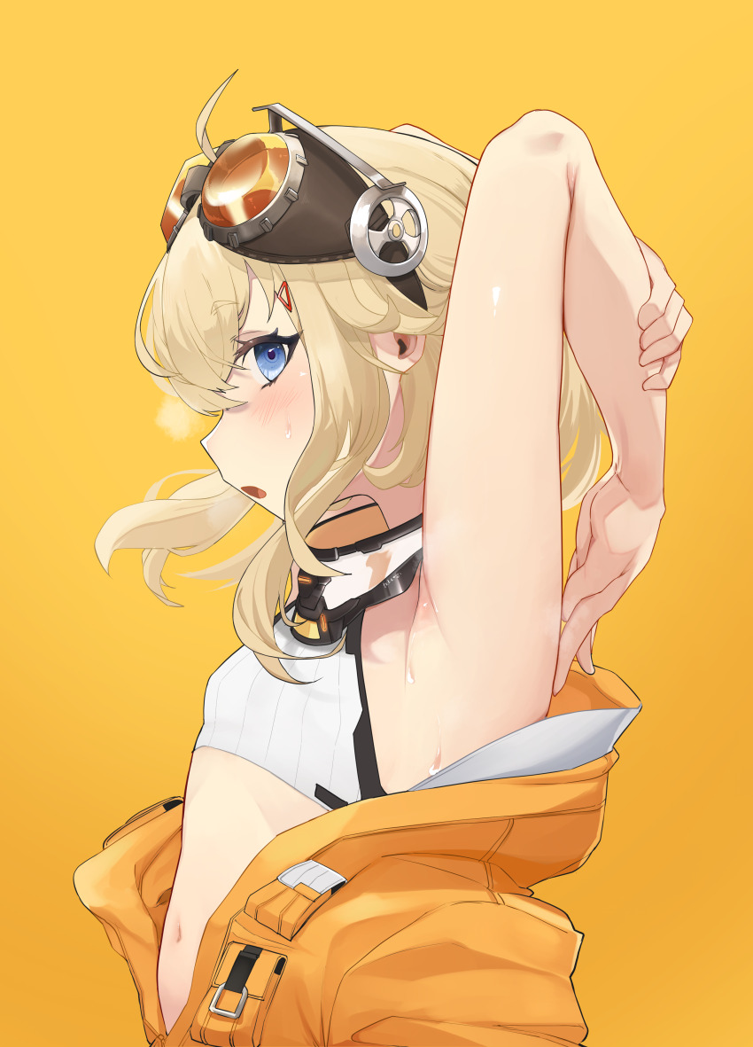 1girl absurdres armpits arms_up bare_shoulders blonde_hair blue_eyes blush breasts daebom from_side girls&#039;_frontline goggles goggles_on_head hair_ornament highres jacket mk3a1_(girls&#039;_frontline) navel orange_jacket simple_background small_breasts solo stomach sweat tank_top upper_body