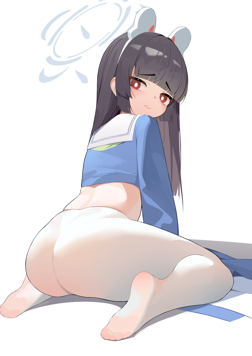 1girl absurdres animal_ears ass black_hair blue_archive blue_shirt blush bright_pupils fake_animal_ears grey_halo halo highres loli long_hair long_sleeves looking_at_viewer miyu_(blue_archive) pantyhose red_eyes school_uniform shirt sitting soles solo sp_(8454) thighs wariza white_pantyhose white_pupils