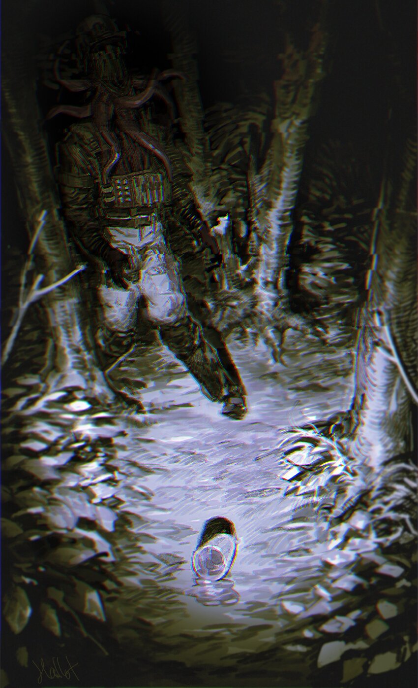 absurdres blurry blurry_vision body_horror call_of_duty call_of_duty:_modern_warfare_2 combat_helmet depth_of_field faceless faceless_male forest grimace_shake_(meme) hallot helmet highres horror_(theme) konig_(call_of_duty) meme military_combat_uniform military_uniform monochrome nature partially_colored possessed soldier tentacles