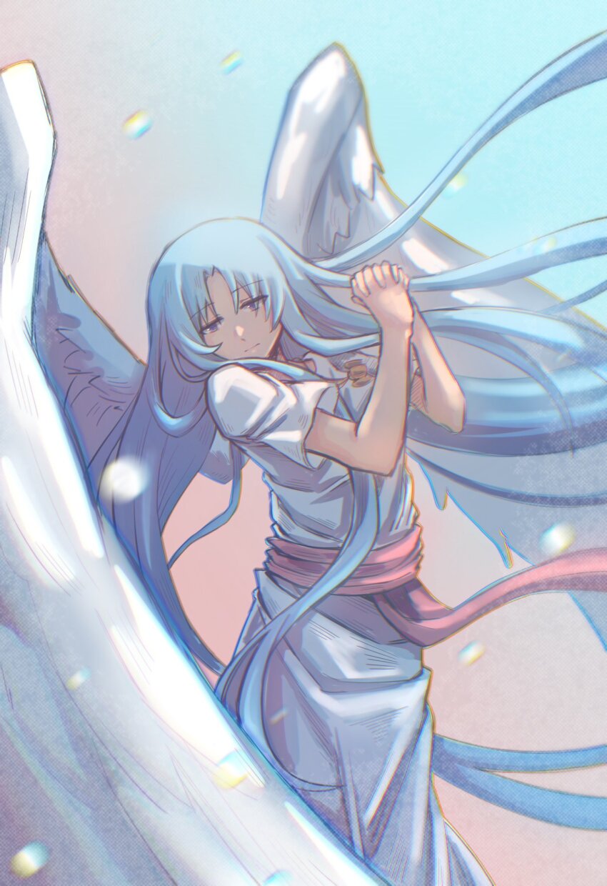 1girl ancient_ys_vanished angel_wings arkibk blue_eyes blue_hair closed_mouth dress feathered_wings feena_(ys) hands_up highres jewelry long_hair looking_to_the_side necklace own_hands_clasped own_hands_together parted_bangs short_sleeves solo very_long_hair white_dress white_wings wings ys