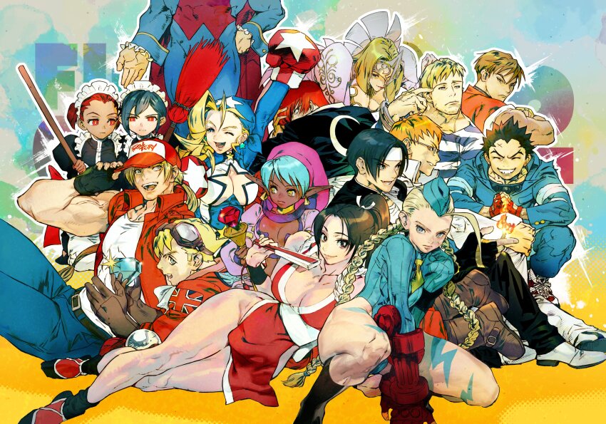 6+boys 6+girls :d absurdres akuma_(street_fighter) aqua_hat aqua_leotard baseball_cap beard_stubble belt black_belt black_dress black_gloves black_hair blonde_hair blue_eyes boxing_gloves braid breasts brown_gloves brown_hair cammy_white capcom capcom_fighting_jam catherine_rain_bilstein cody_travers commentary crossover dark-skinned_female dark_skin darkstalkers demitri_maximoff denim dress edward_fokker english_commentary expressionless facial_hair fatal_fury final_fight fingerless_gloves frown genderswap genderswap_(mtf) glasses gloves goggles goggles_on_head grin guy_(final_fight) hat headband highres ichimonji_batsu jacket jeans juliet_sleeves justice_gakuen kagami_kyousuke killer_bee_cammy kusanagi_kyou large_breasts leotard long_hair long_sleeves luca_(star_gladiator) maid maid_headdress medium_breasts midnight_bliss mini_hat moero!_justice_gakuen moon_print multiple_boys multiple_girls official_art open_mouth orange_eyes orange_hair pants pink_hat pointy_ears power_stone puffy_sleeves red_hair red_hat red_jacket second-party_source shin_akuma shiranui_mai short_hair sitting sleeveless sleeveless_jacket small_breasts smile snk spiked_hair star_gladiator street_fighter street_fighter_zero_(series) stubble tamio terry_bogard the_king_of_fighters tiffany_lords twin_braids white_headband yagami_iori yellow_eyes