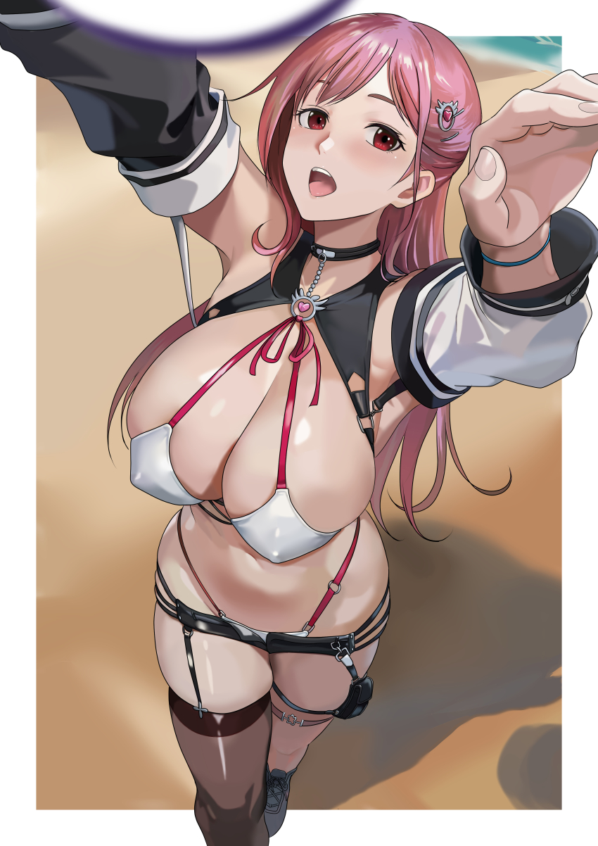 1girl absurdres arms_up beach bikini border breasts choker cleavage covered_erect_nipples dead_or_alive detached_sleeves female_focus garter_straps highleg highleg_bikini highres honoka_(doa) huge_breasts large_breasts long_hair looking_at_viewer micro_bikini micro_shorts navel open_mouth pink_hair red_eyes revealing_clothes shoes shorts single_thighhigh solo standing swimsuit team_ninja tecmo thigh_strap thighhighs tongue white_bikini yagi_(joe731842)