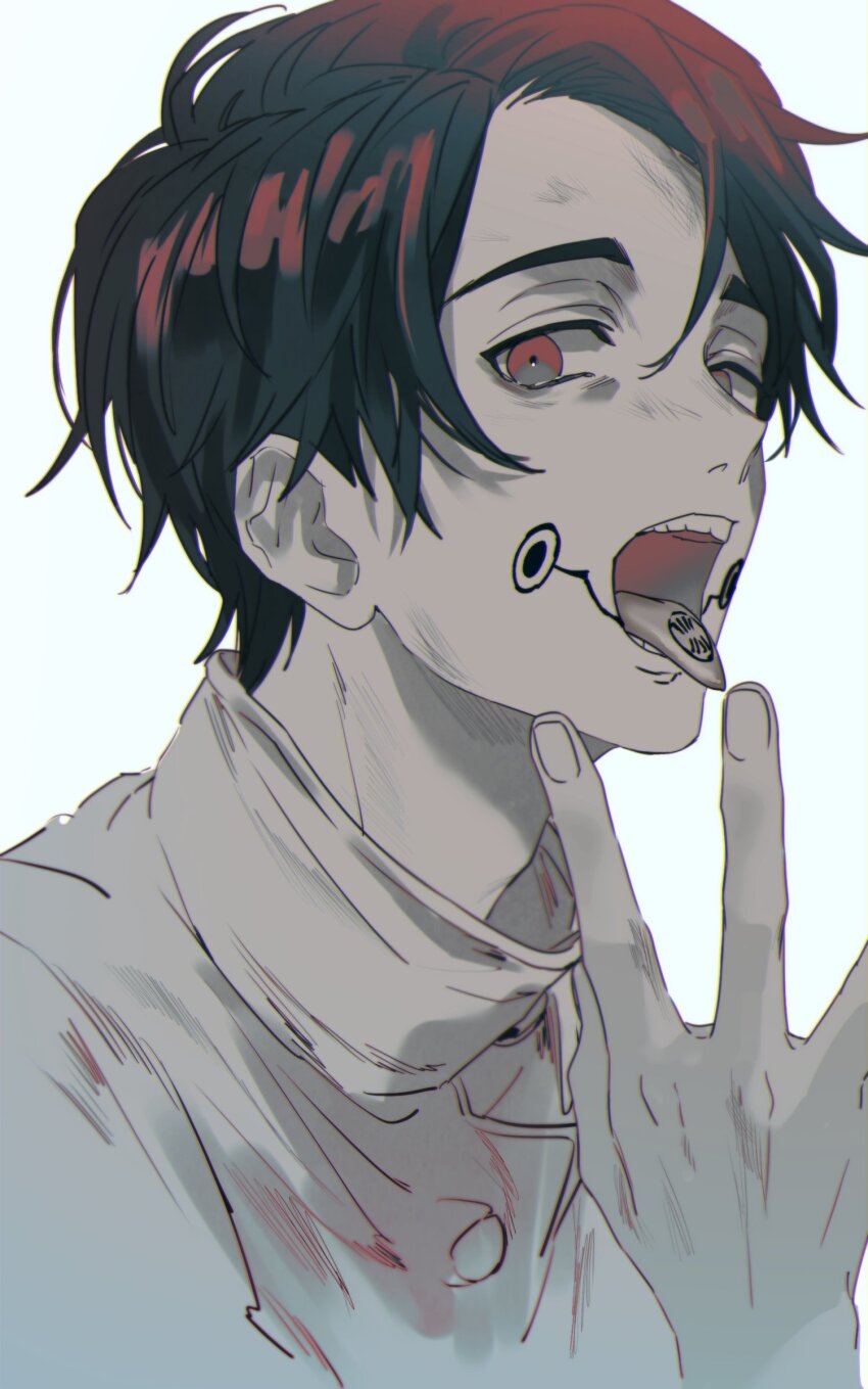1boy absurdres black_eyes black_hair facial_tattoo greyscale high_collar highres jacket jujutsu_kaisen jujutsu_tech_uniform koujisako looking_at_viewer male_focus monochrome okkotsu_yuuta open_mouth school_uniform short_hair simple_background solo tattoo tongue tongue_out tongue_tattoo upper_body white_background white_jacket
