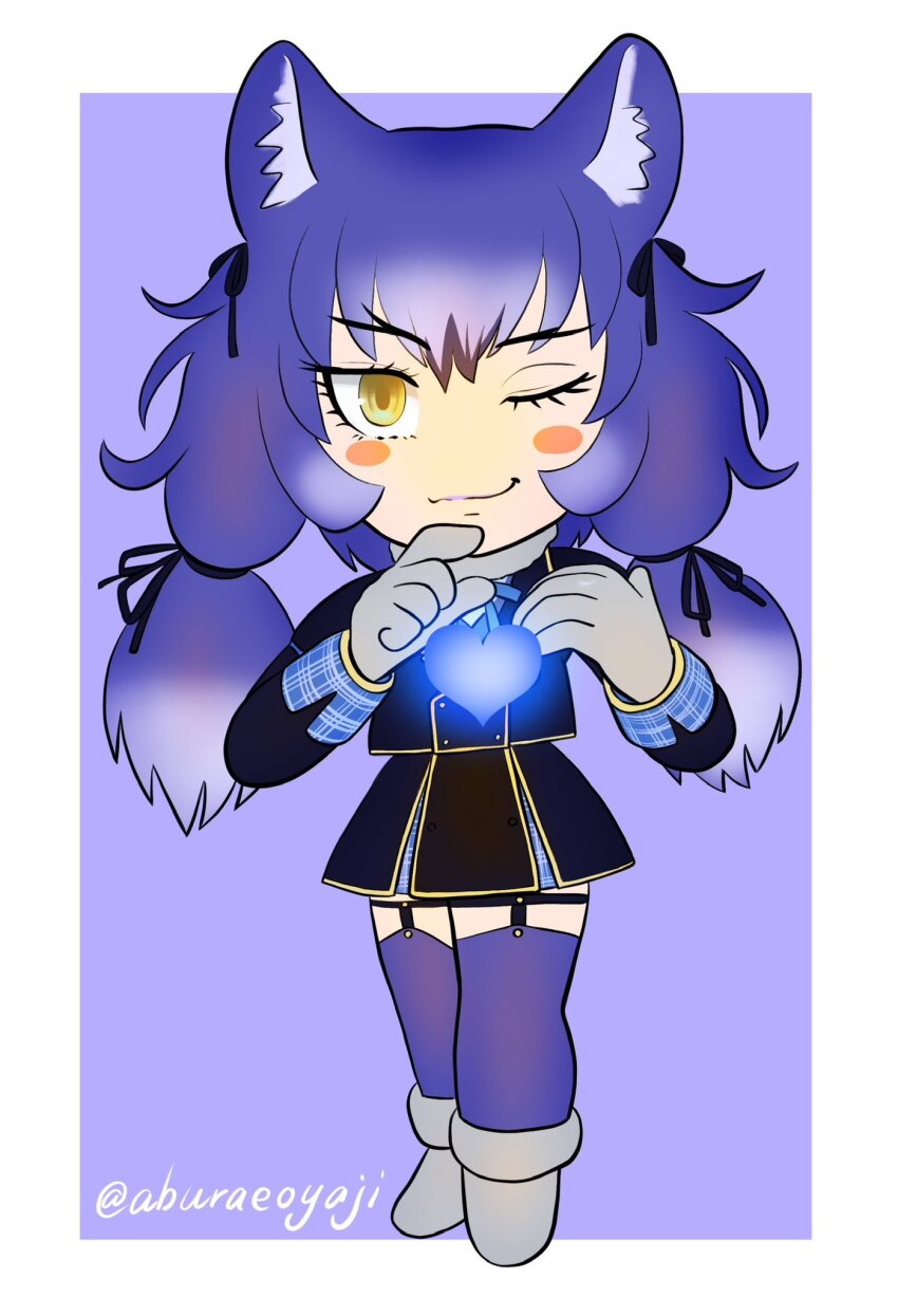 1girl aburaeoyaji blue_hair dire_wolf_(kemono_friends) full_body heart highres kemono_friends kemono_friends_v_project long_hair looking_at_viewer simple_background solo virtual_youtuber