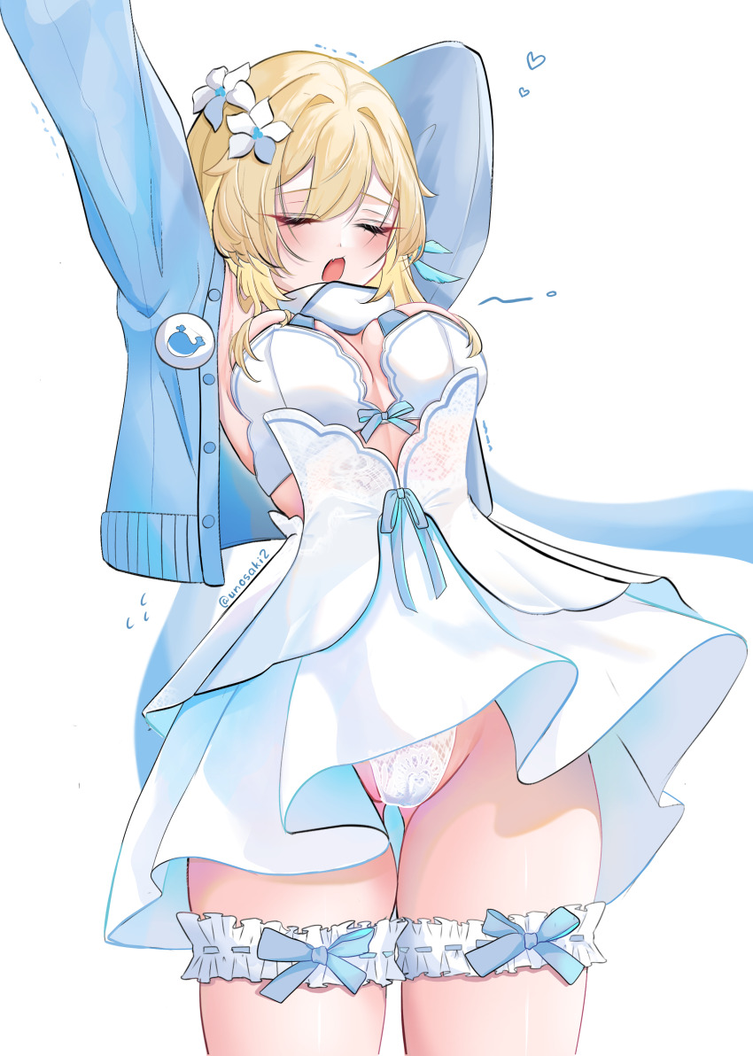 1girl absurdres alternate_costume arm_behind_head arm_up babydoll badge blonde_hair blue_cardigan blue_ribbon bra breasts button_badge cardigan closed_eyes commentary cowboy_shot flower genshin_impact hair_flower hair_ornament highres lace lace_panties lumine_(genshin_impact) medium_breasts open_cardigan open_clothes open_mouth panties pantyshot ribbon scarf short_hair_with_long_locks sidelocks solo standing thigh_strap underwear unosaki2 white_background white_bra white_flower white_panties white_scarf yawning