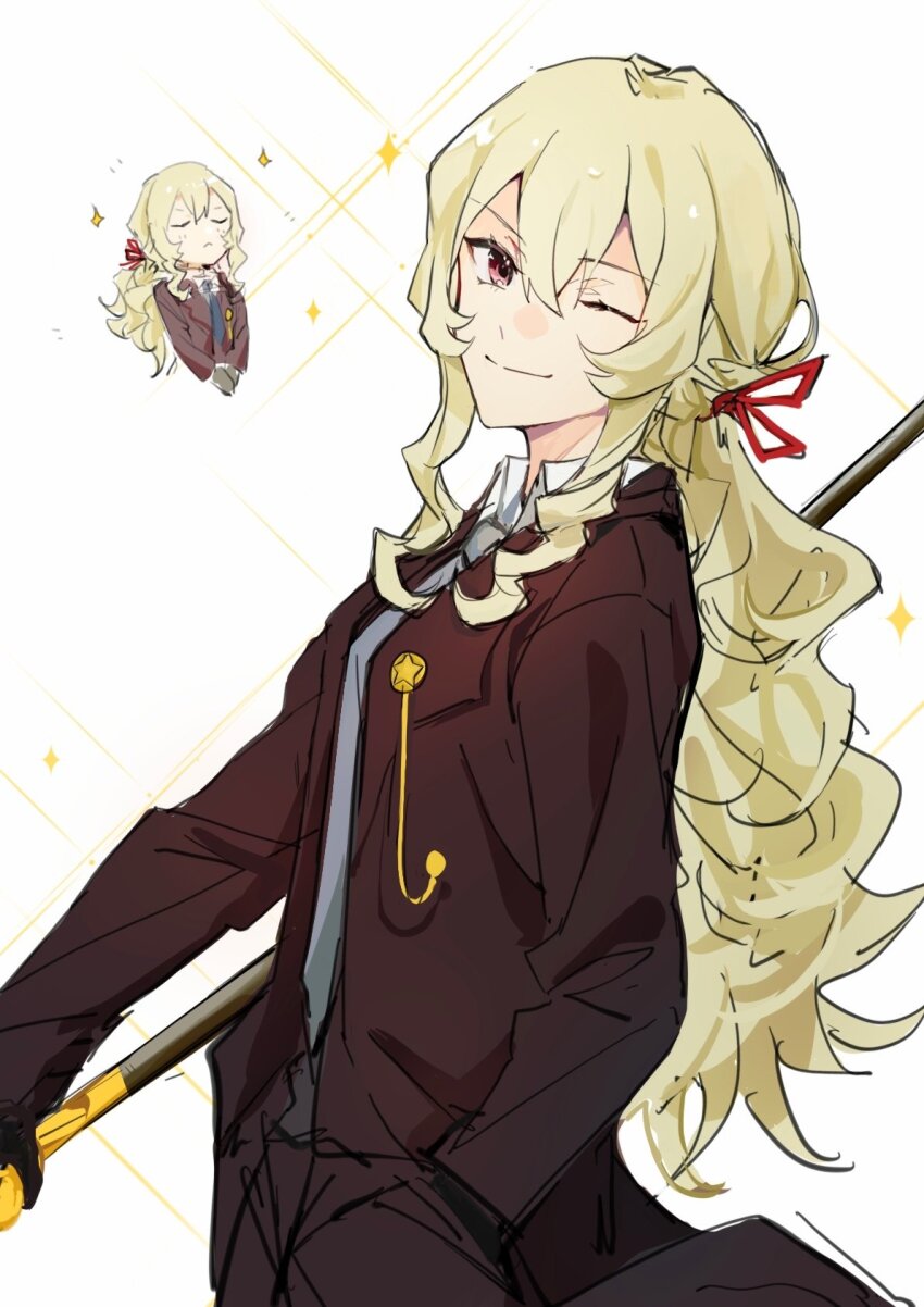 1girl arm_at_side black_jacket blonde_hair blue_necktie brown_jacket cane chibi chibi_inset closed_eyes collared_shirt commentary crossed_bangs double-parted_bangs flipped_sidelocks grey_necktie hair_between_eyes hair_ribbon hand_in_pocket highres holding holding_cane jacket lapel_pin long_hair long_sidelocks looking_at_viewer mordred_kui necktie official_alternate_costume own_hands_together red_eyes red_ribbon ribbon saijou_claudine shirt shoujo_kageki_revue_starlight sidelocks smile sparkle symbol-only_commentary wavy_sidelocks white_background white_shirt
