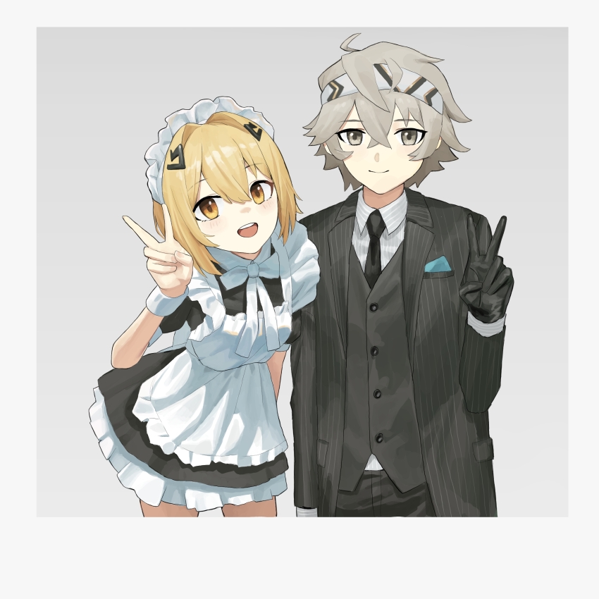 1boy 1girl alchemy_stars apron black_dress black_gloves black_necktie black_pants black_suit black_vest blonde_hair chen_qixing closed_mouth collared_shirt cropped_legs dress eyebrows_hidden_by_hair formal_clothes gloves grey_eyes grey_hair hair_between_eyes hair_ornament hairband hairclip highres leaning_forward looking_at_viewer maid maid_apron maid_headdress navigator_(alchemy_stars) necktie open_mouth pants picture_frame shirt short_hair smile suit teeth tuxedo upper_teeth_only v vest vice_(alchemy_stars) white_apron white_shirt yellow_eyes