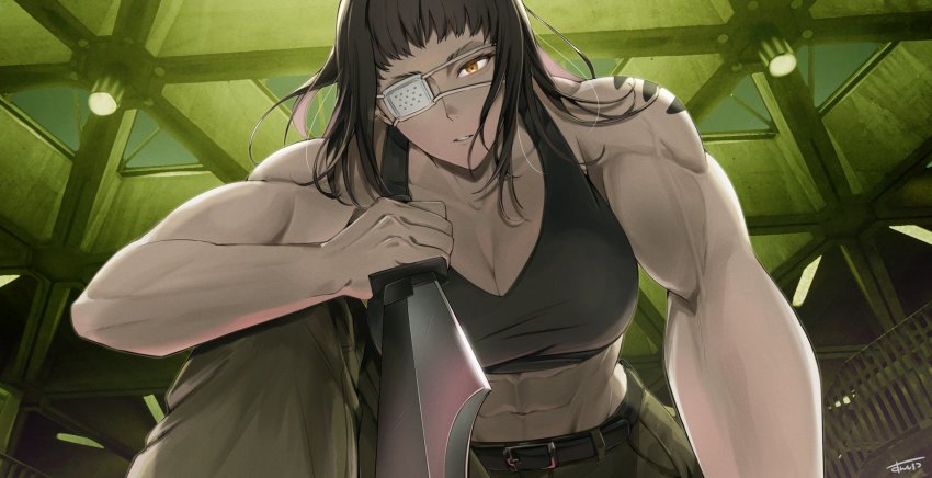 1girl abs belt black_hair breasts cleavage combat_knife eyepatch highres indoors jormungand_(manga) knife large_breasts looking_at_viewer medium_hair muscular muscular_female pants pov sofia_valmer solo squatting sunsirou tank_top weapon yellow_eyes