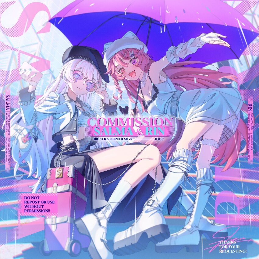 2girls animal_hood commission glasses hat heterochromia highres hood jdge multiple_girls phone pink_hair rain sitting stairs suitcase umbrella white_hair